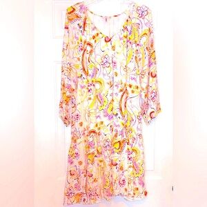 Esqualo Floral Paisley Lined Dress SZ 16 3/4 Sleeves Colorful Pleated